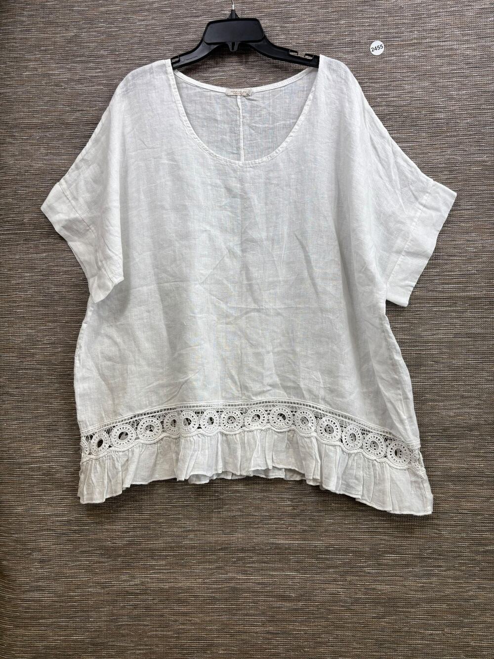 Anna Melani Blouse Womens 3X White Linen Scoop Neck Crochet Ruffle Tunic Top NEW